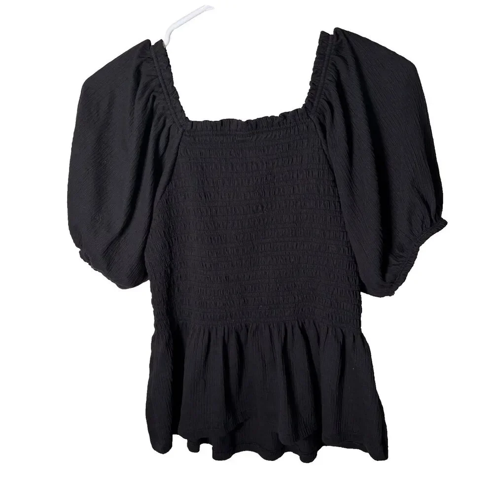 Old Navy Blouse Women's Medium Black Puff Sleeve Round Neck Smocked Top Shirt